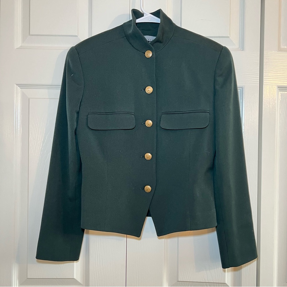 Linda Allard Ellen Tracy Funnel Neck Structured Dark Green Jacket - Size: 2